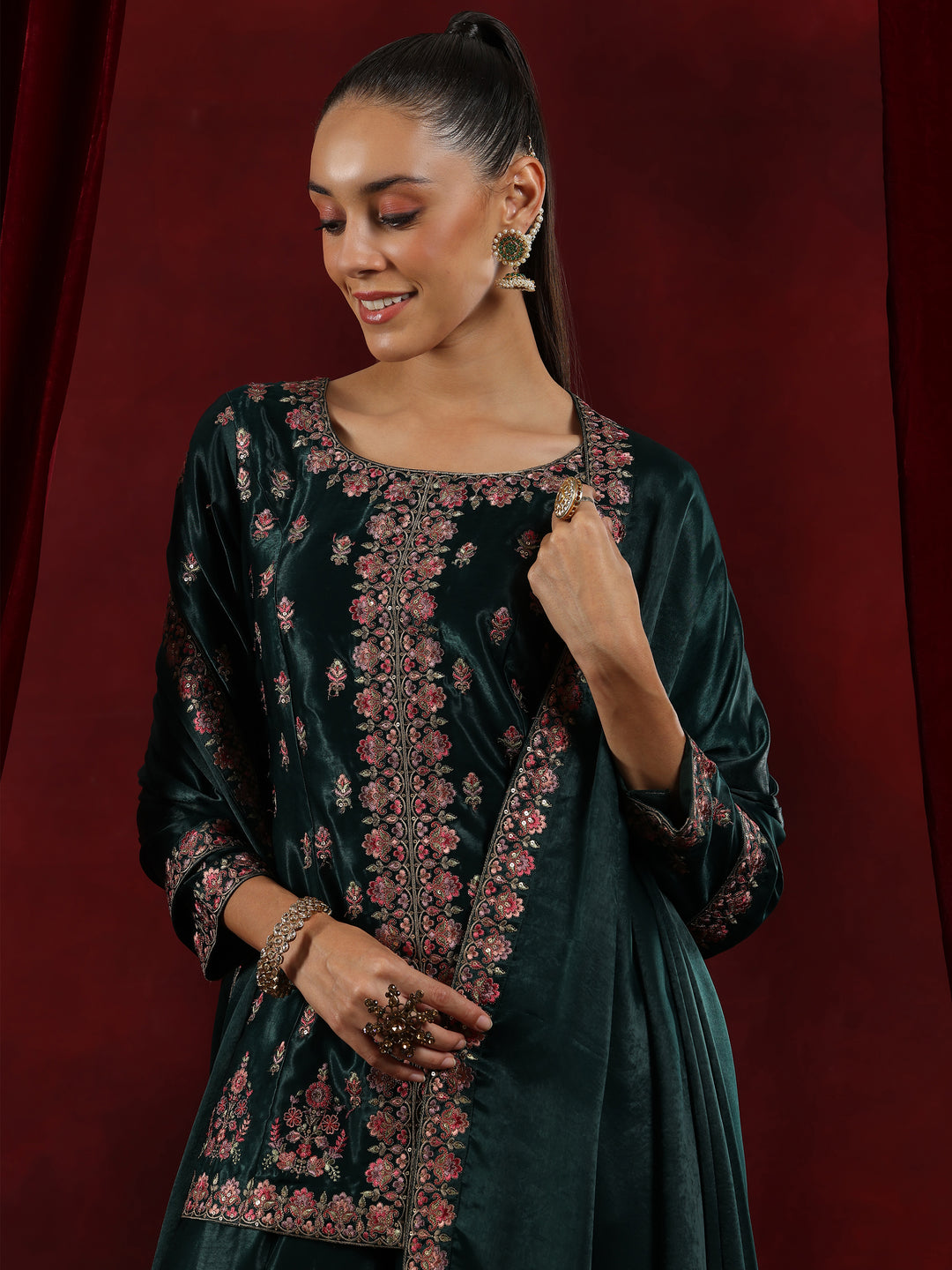 Libas Art Green Embroidered Silk Straight Suit With Dupatta