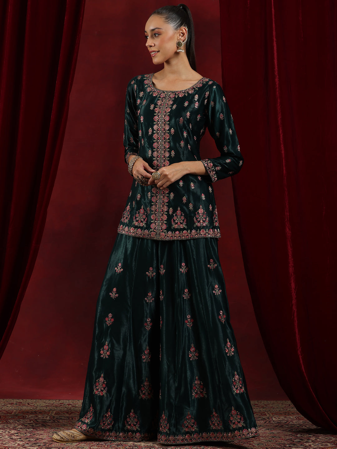 Libas Art Green Embroidered Silk Straight Suit With Dupatta