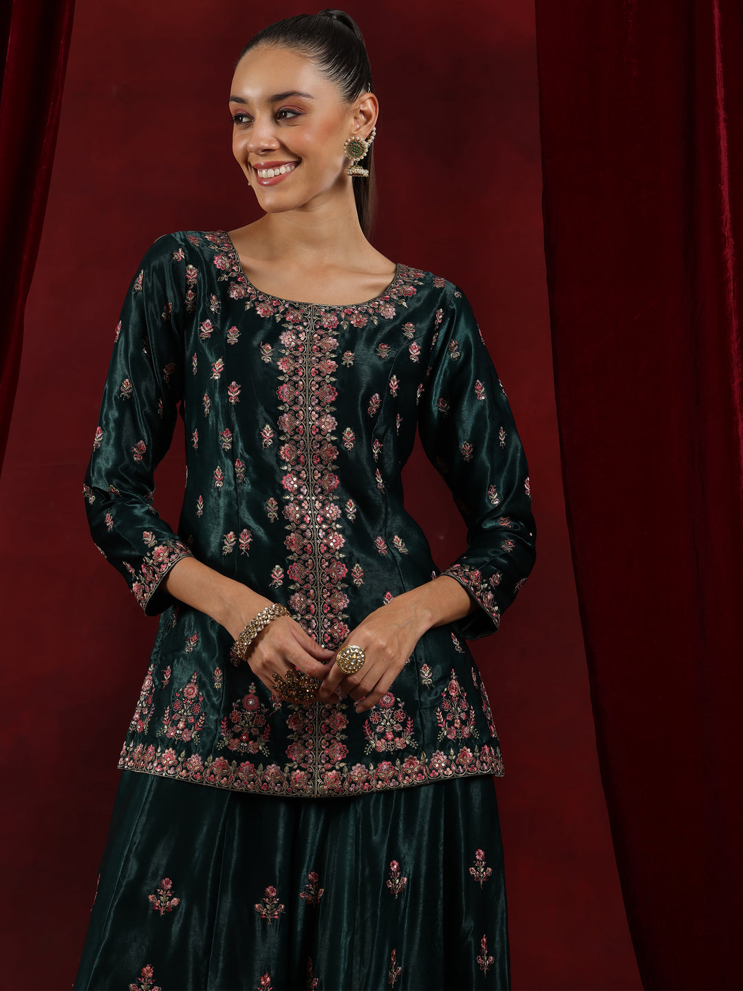Libas Art Green Embroidered Silk Straight Suit With Dupatta