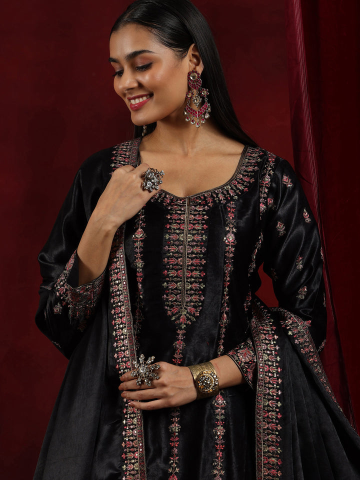Libas Art Black Embroidered Silk Straight Suit With Dupatta