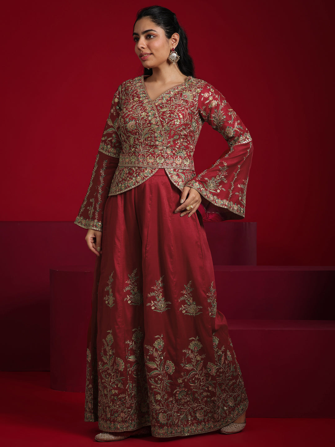 Libas Art Red Embroidered Silk Blend A-Line Suit With Dupatta