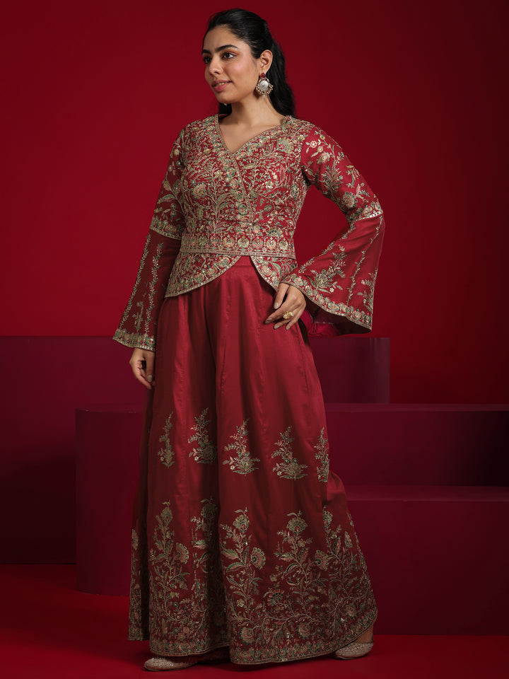 Libas Art Red Embroidered Silk Blend A-Line Suit With Dupatta