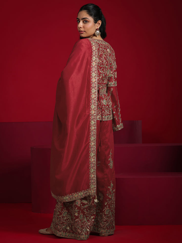 Libas Art Red Embroidered Silk Blend A-Line Suit With Dupatta