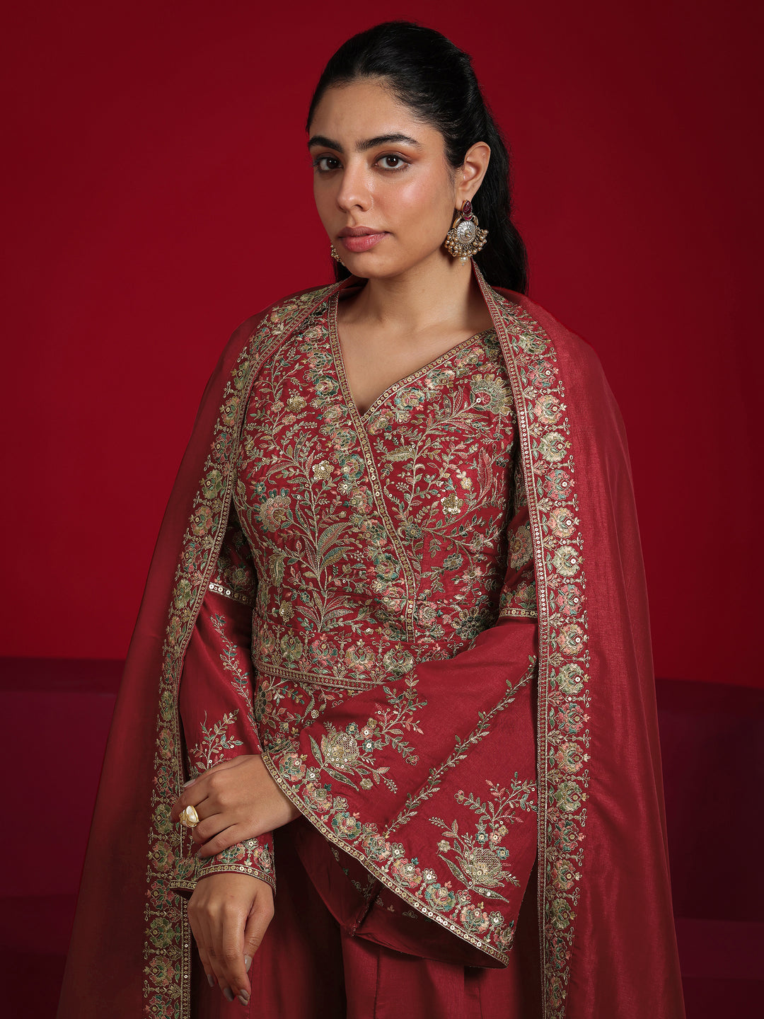 Libas Art Red Embroidered Silk Blend A-Line Suit With Dupatta