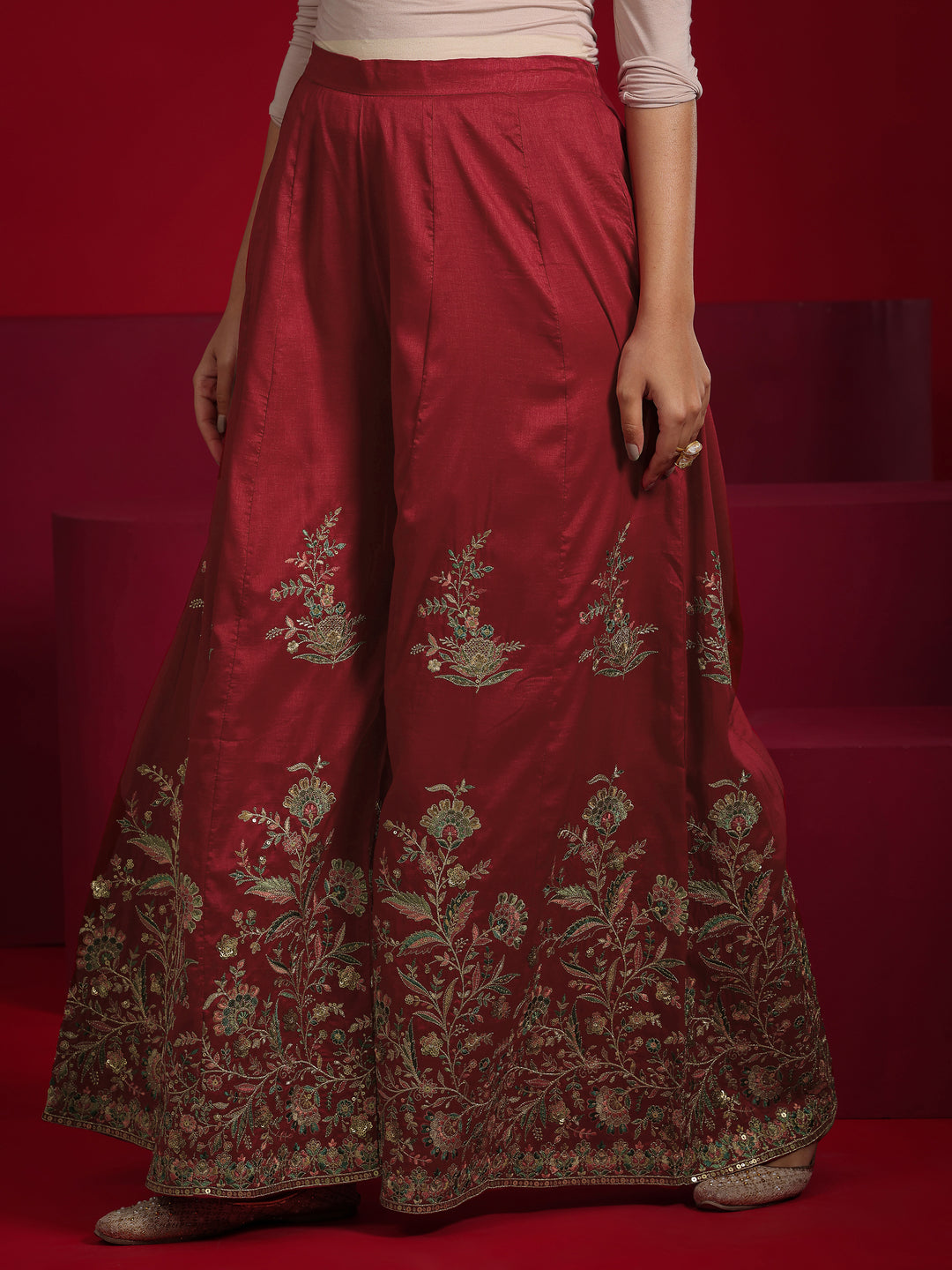Libas Art Red Embroidered Silk Blend A-Line Suit With Dupatta
