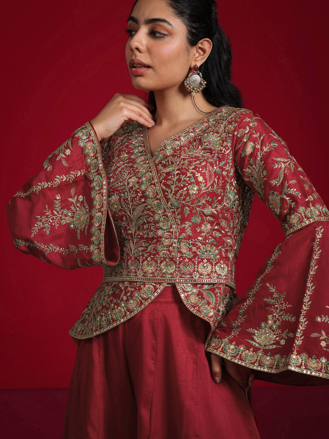 Libas Art Red Embroidered Silk Blend A-Line Suit With Dupatta