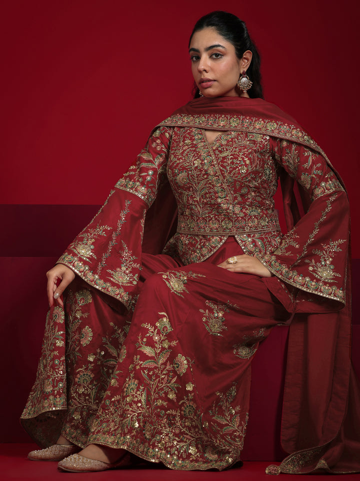Libas Art Red Embroidered Silk Blend A-Line Suit With Dupatta