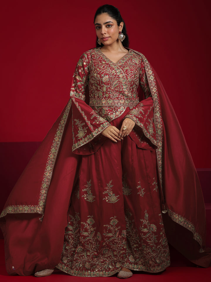 Libas Art Red Embroidered Silk Blend A-Line Suit With Dupatta