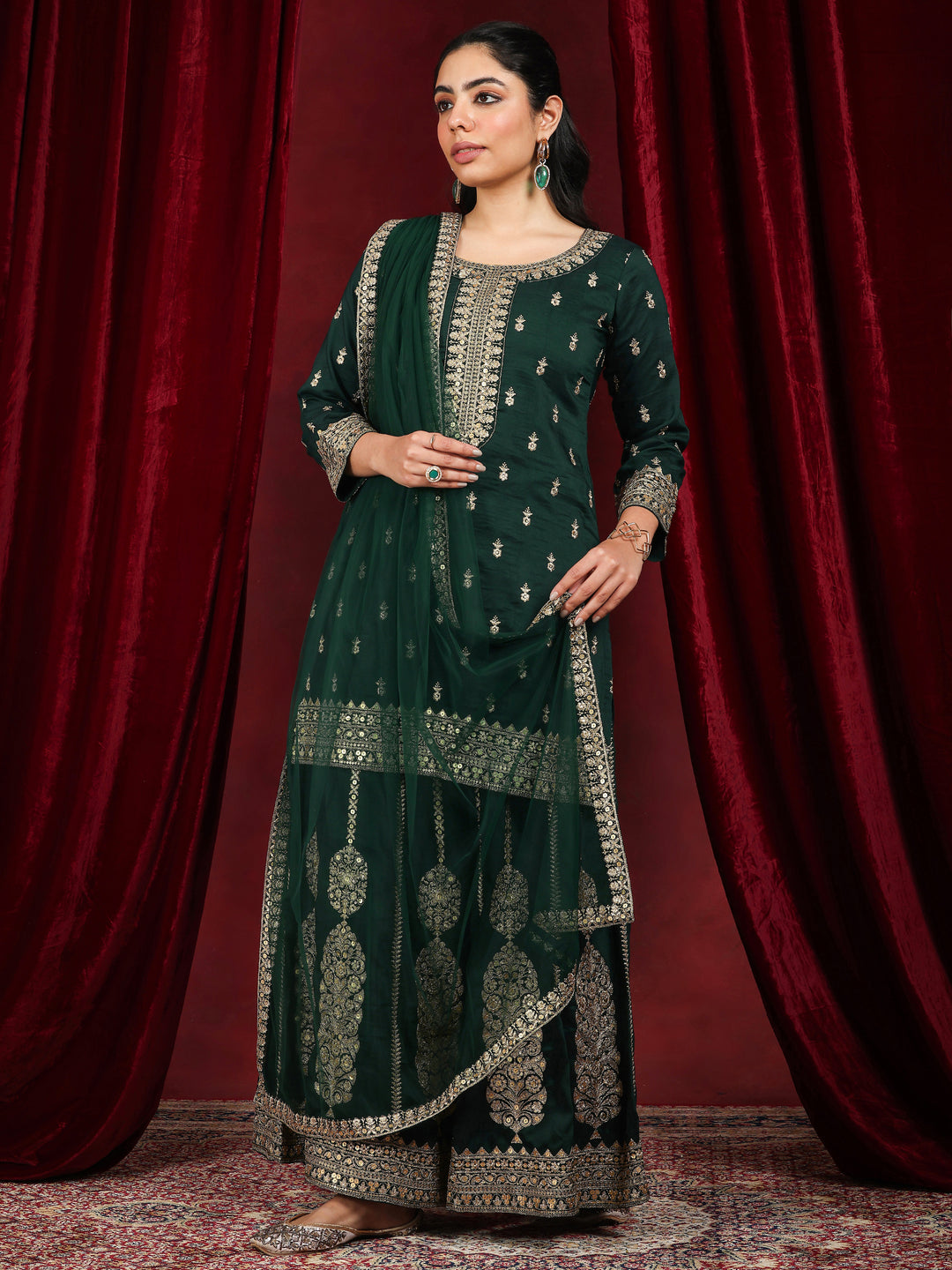 Libas Art Green Embroidered Silk Blend Straight Suit With Dupatta