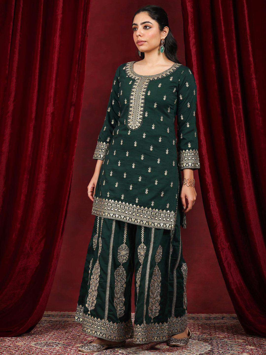 Libas Art Green Embroidered Silk Blend Straight Suit With Dupatta