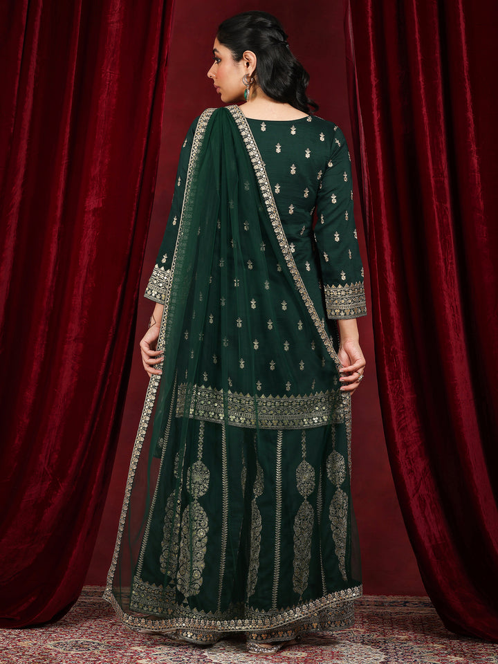 Libas Art Green Embroidered Silk Blend Straight Suit With Dupatta