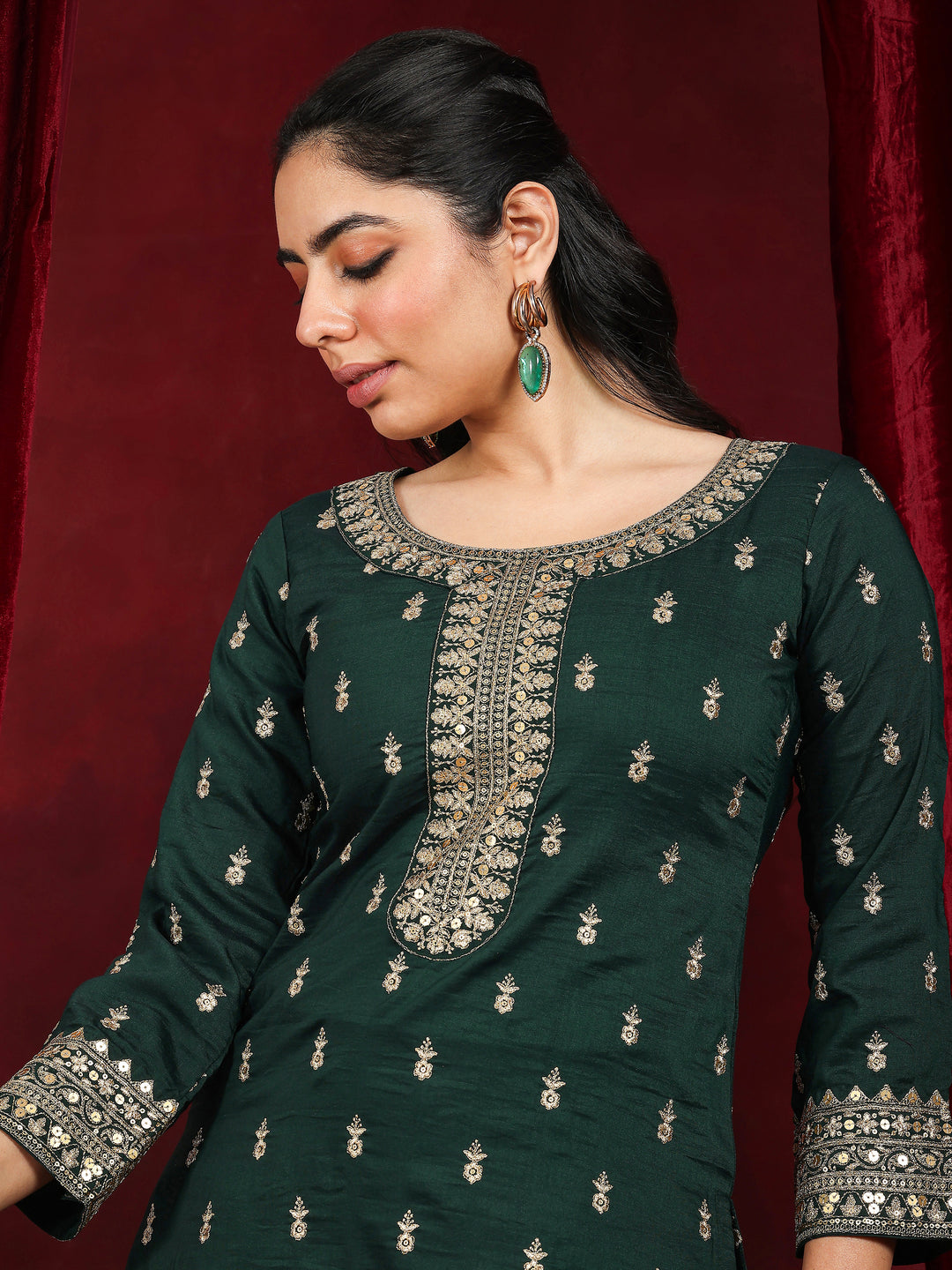 Libas Art Green Embroidered Silk Blend Straight Suit With Dupatta