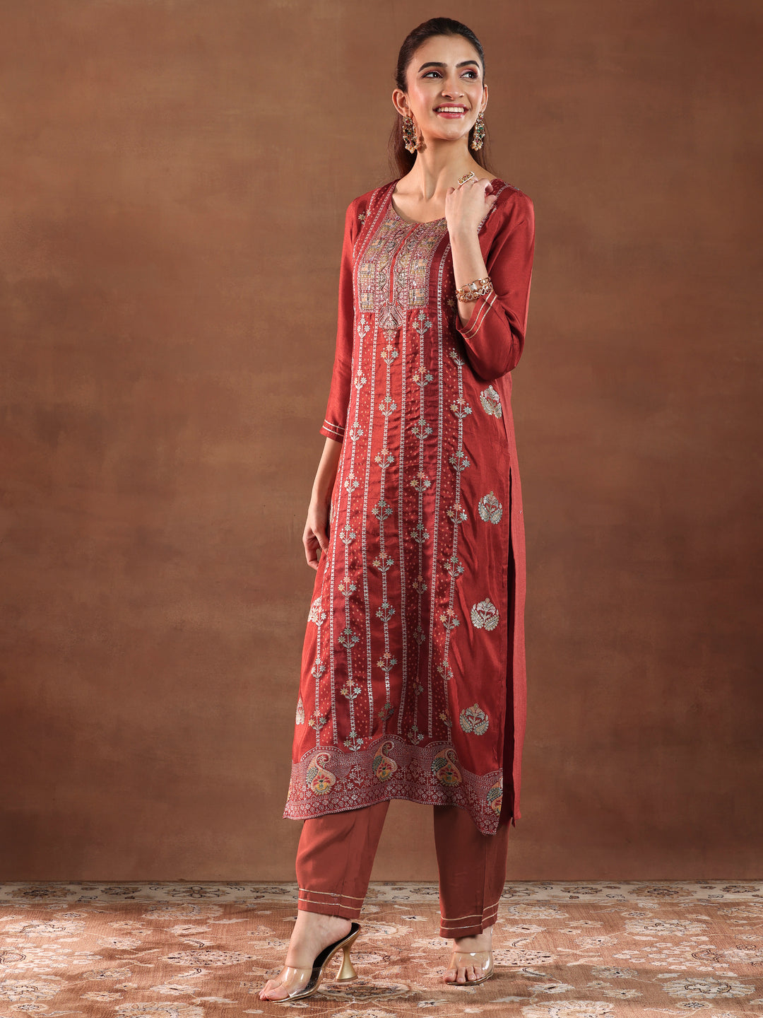 Rust Woven Design Silk Blend Straight Suit With Dupatta-color issue