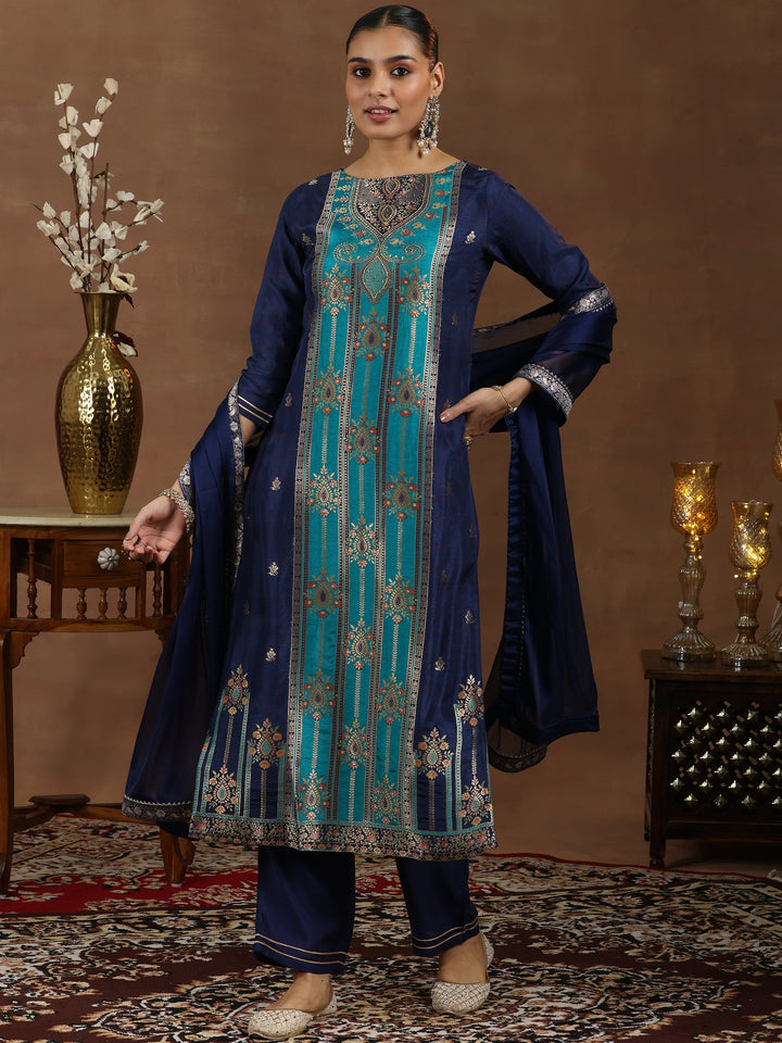 Blue Woven Design Silk Blend Straight Suit With Dupatta