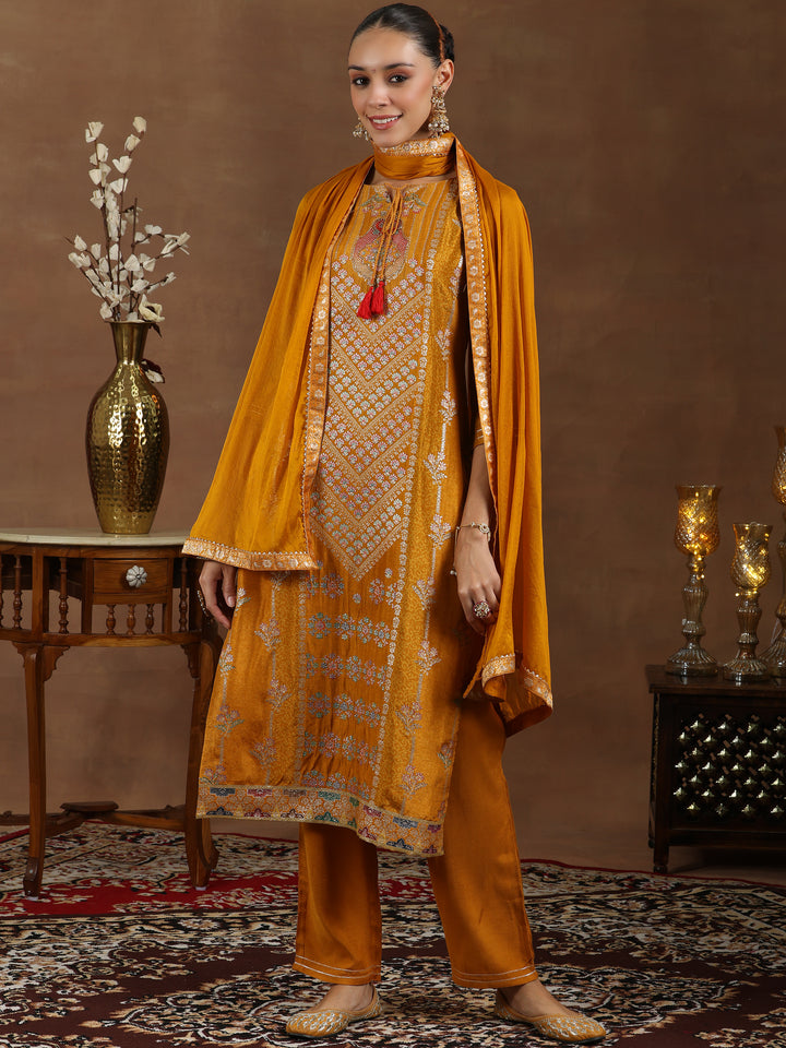 Mustard Woven Design Silk Blend Straight Suit With Dupatta