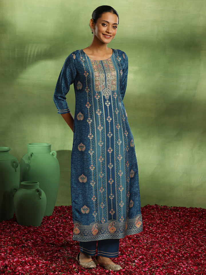 Blue Woven Design Silk Blend Straight Suit With Dupatta
