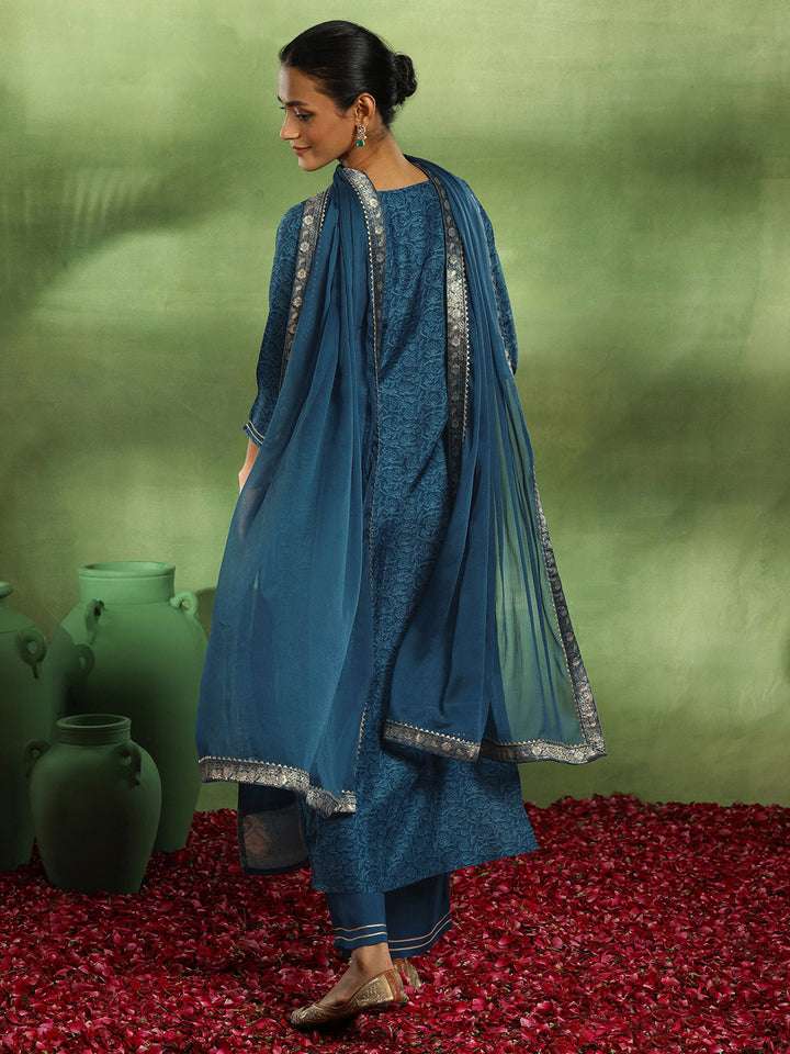 Blue Woven Design Silk Blend Straight Suit With Dupatta