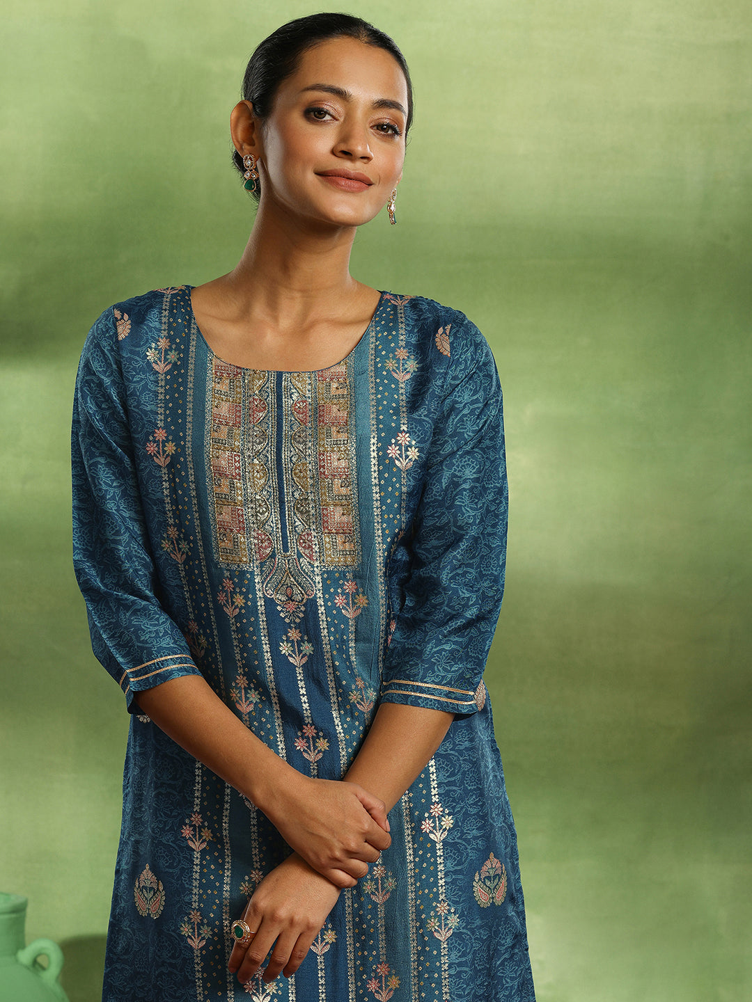Blue Woven Design Silk Blend Straight Suit With Dupatta