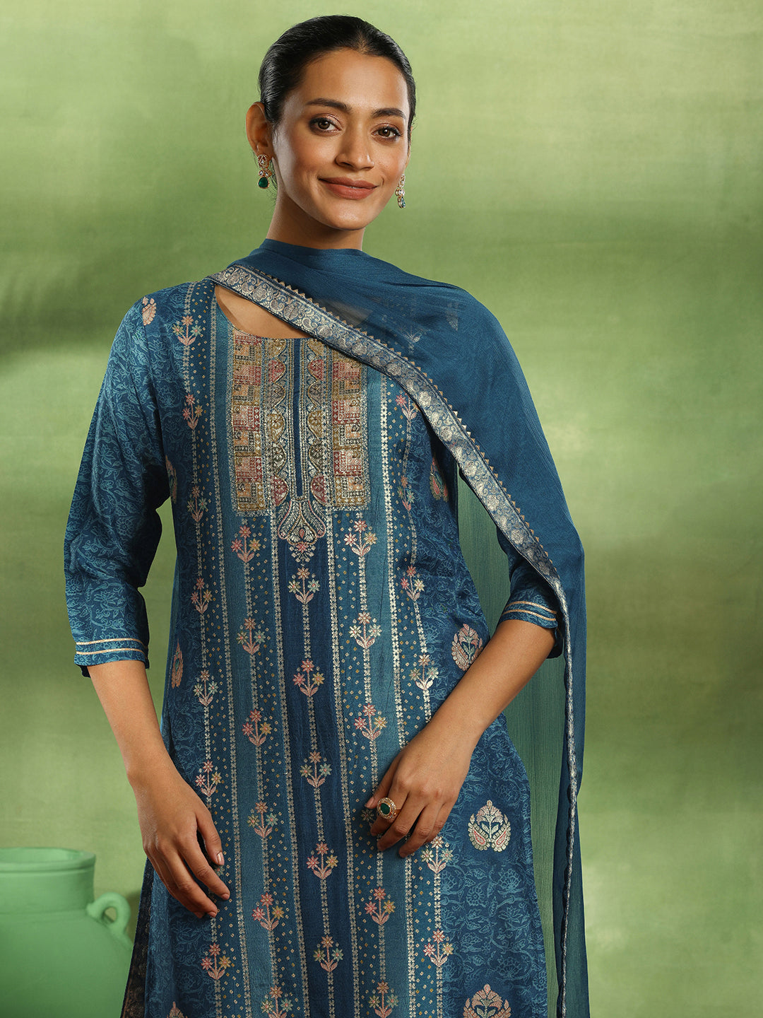Blue Woven Design Silk Blend Straight Suit With Dupatta