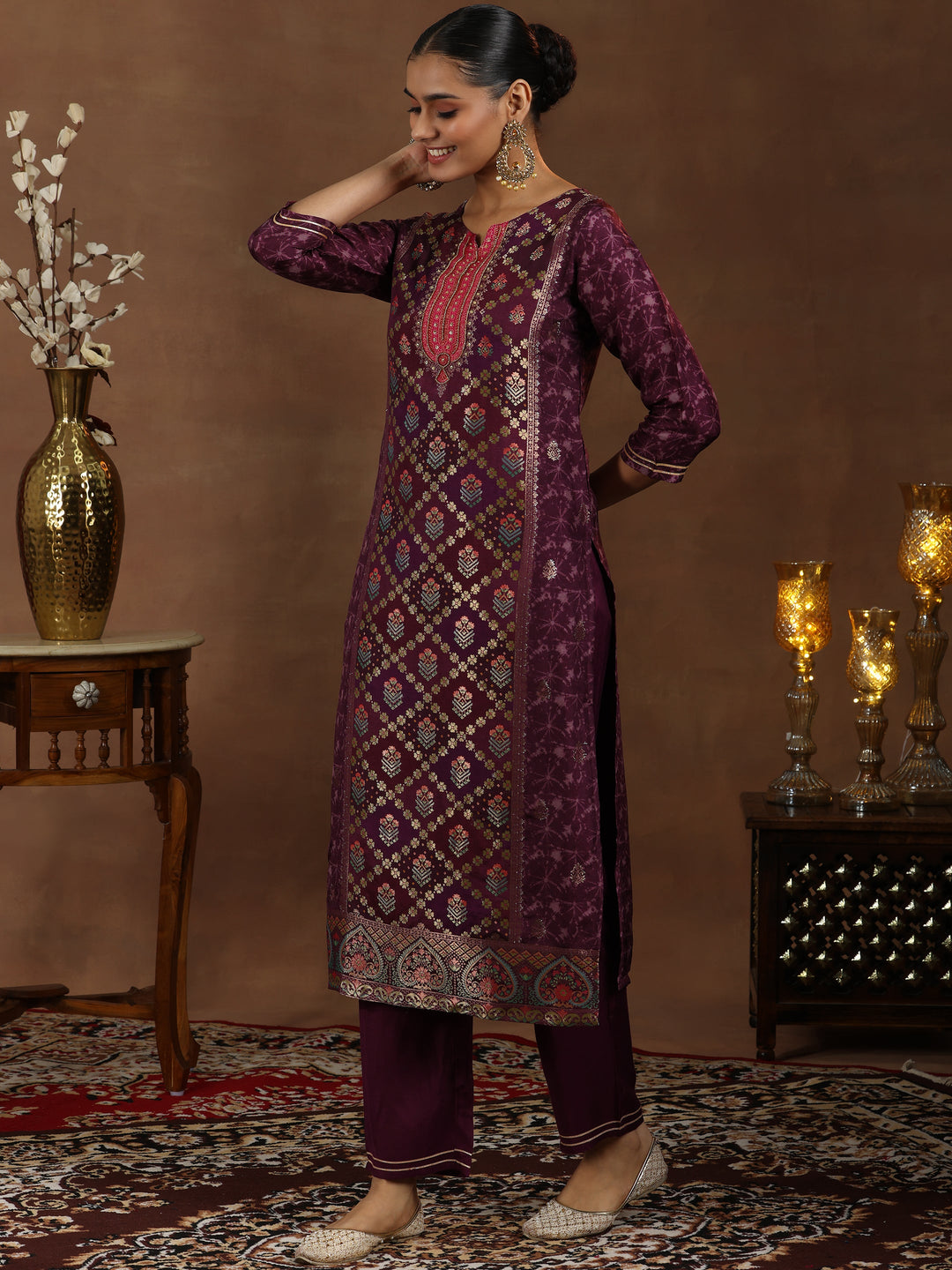 Wine Woven Design Silk Blend Straight Suit With Dupatta