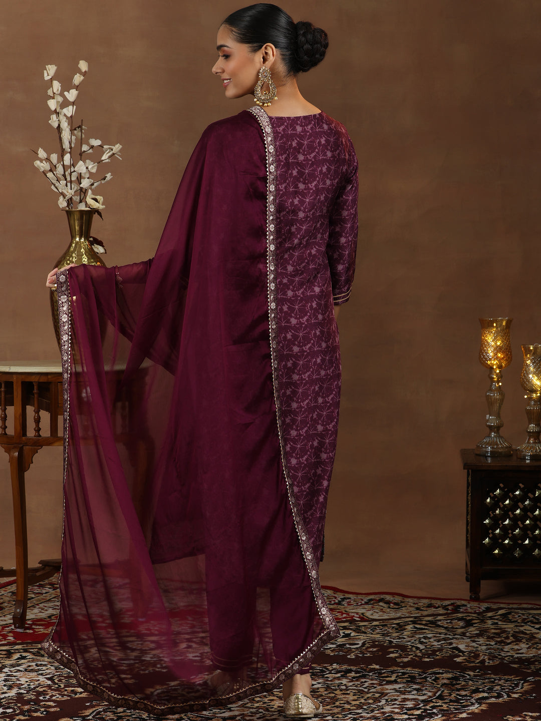 Wine Woven Design Silk Blend Straight Suit With Dupatta