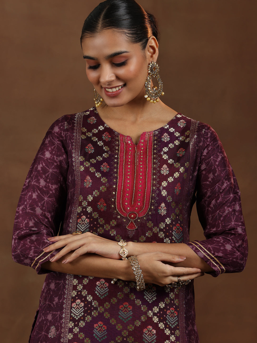 Wine Woven Design Silk Blend Straight Suit With Dupatta