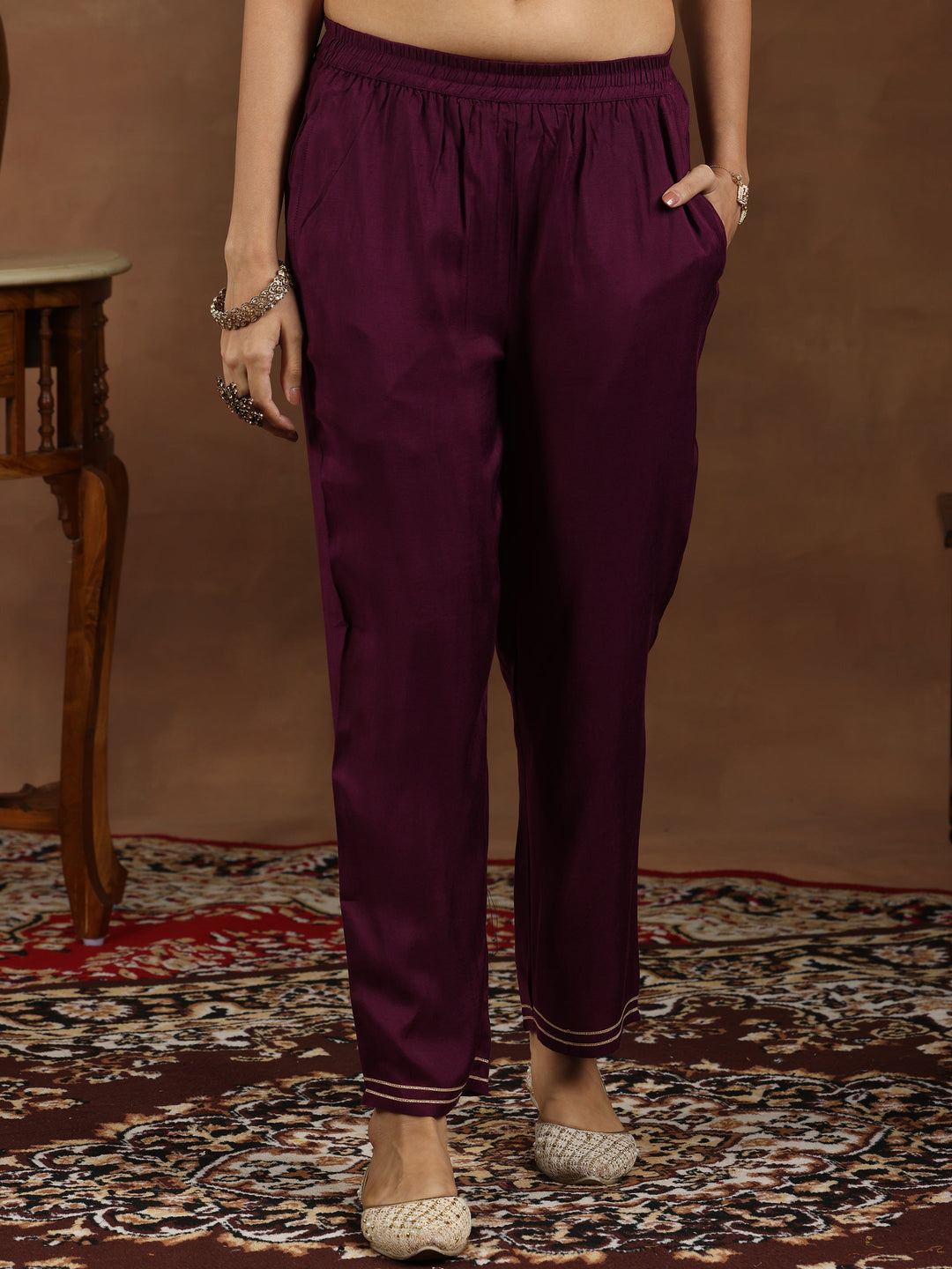 Wine Woven Design Silk Blend Straight Suit With Dupatta