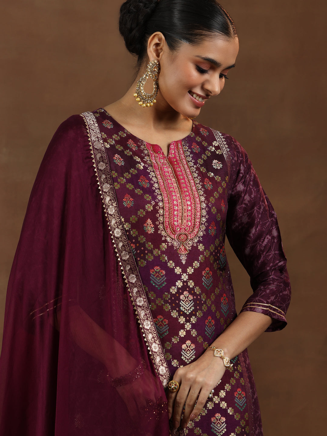 Wine Woven Design Silk Blend Straight Suit With Dupatta