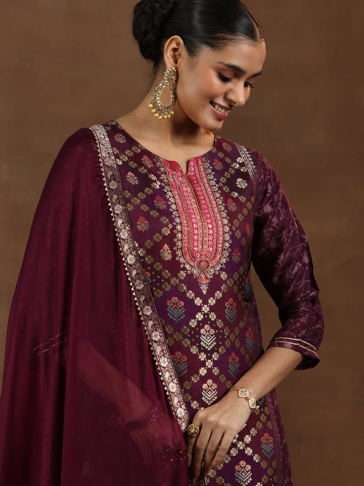 Wine Woven Design Silk Blend Straight Suit With Dupatta
