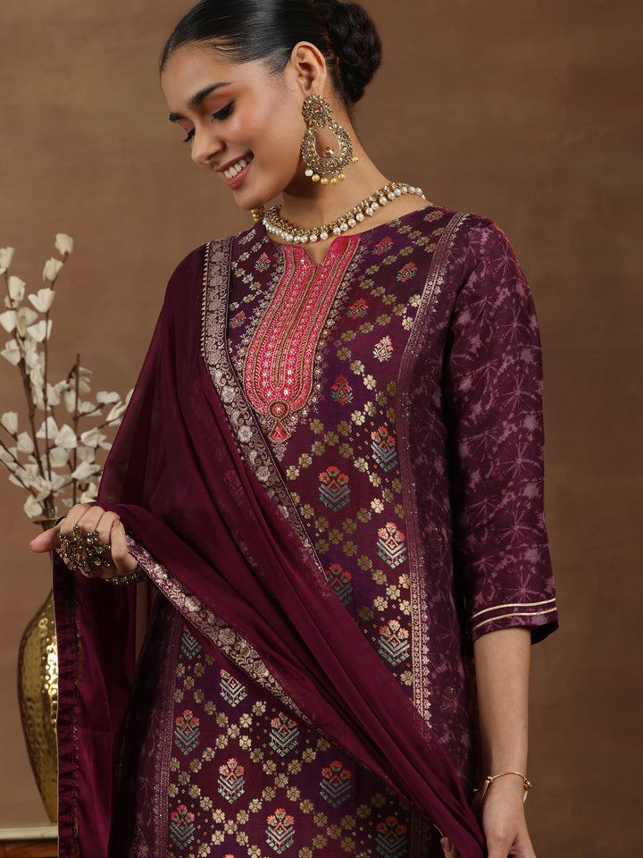 Wine Woven Design Silk Blend Straight Suit With Dupatta