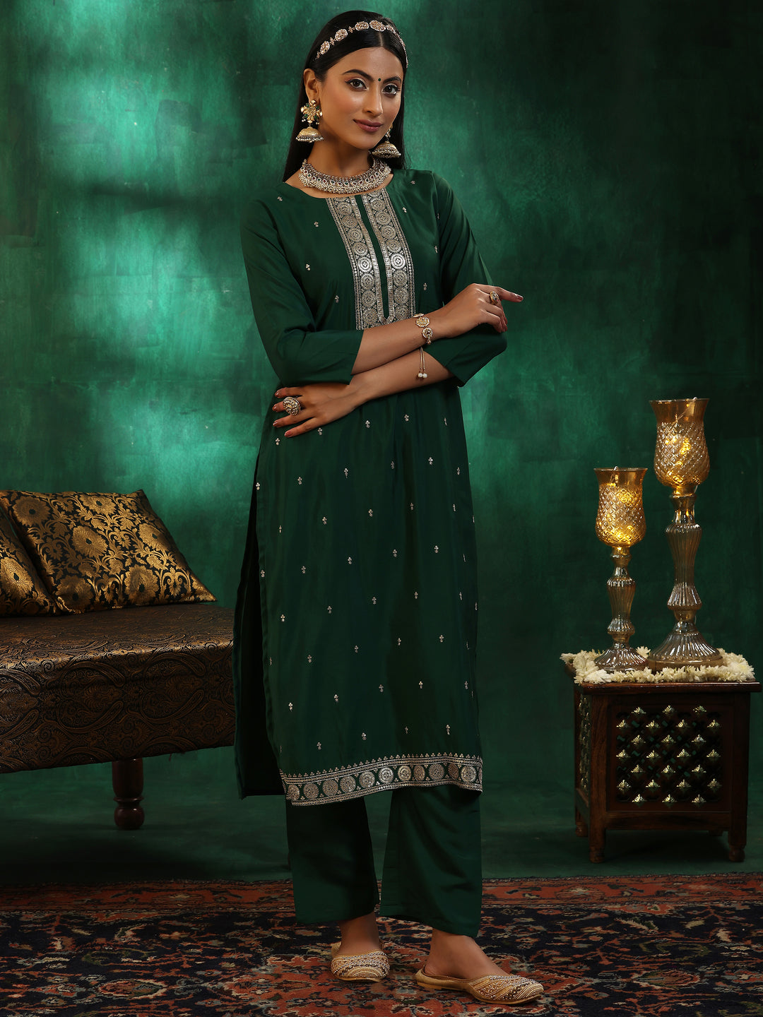 Green Self Design Silk Blend Straight Suit With Dupatta