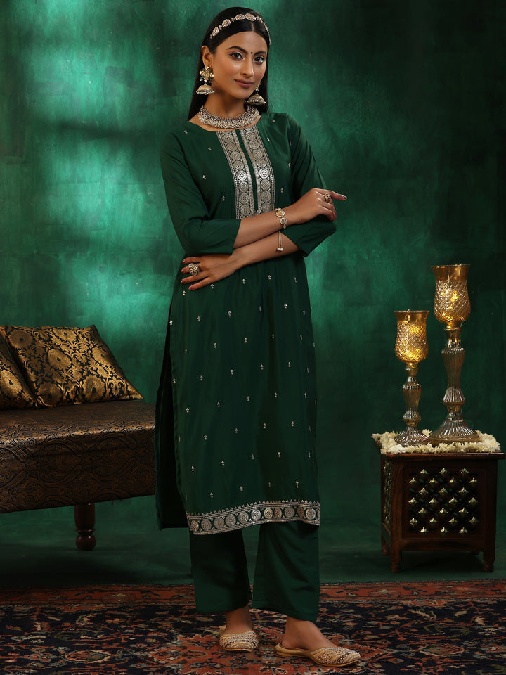 Green Self Design Silk Blend Straight Suit With Dupatta
