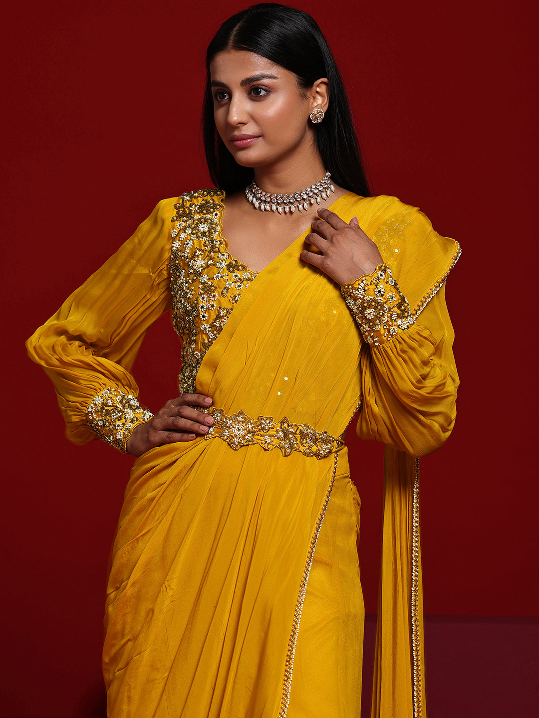 Libas Art Mustard Embellished Silk Blend Palazzo Saree