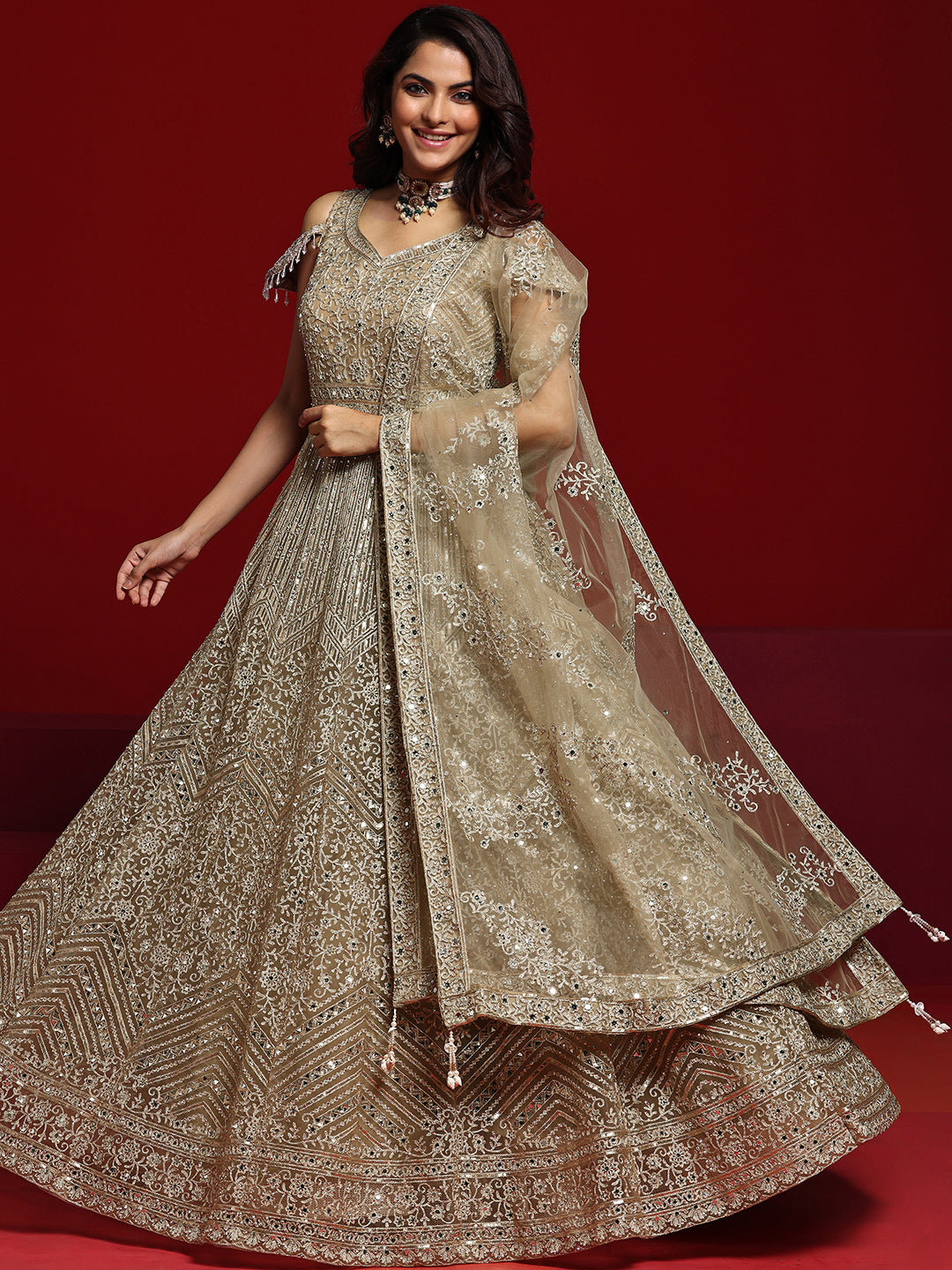 Buy Libas Art Beige Embellished Nylon Gown With Dupatta Online in USA at $174.00
