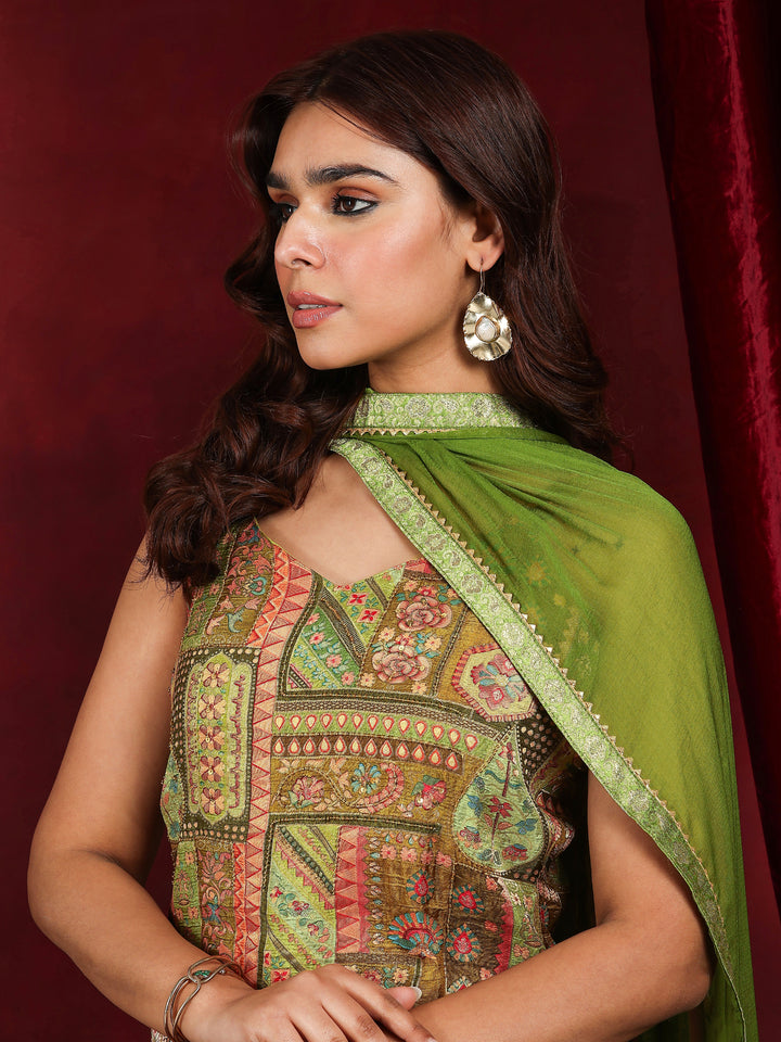 Libas Art Green Woven Design Silk Blend Straight Sharara Suit Set With Dupatta