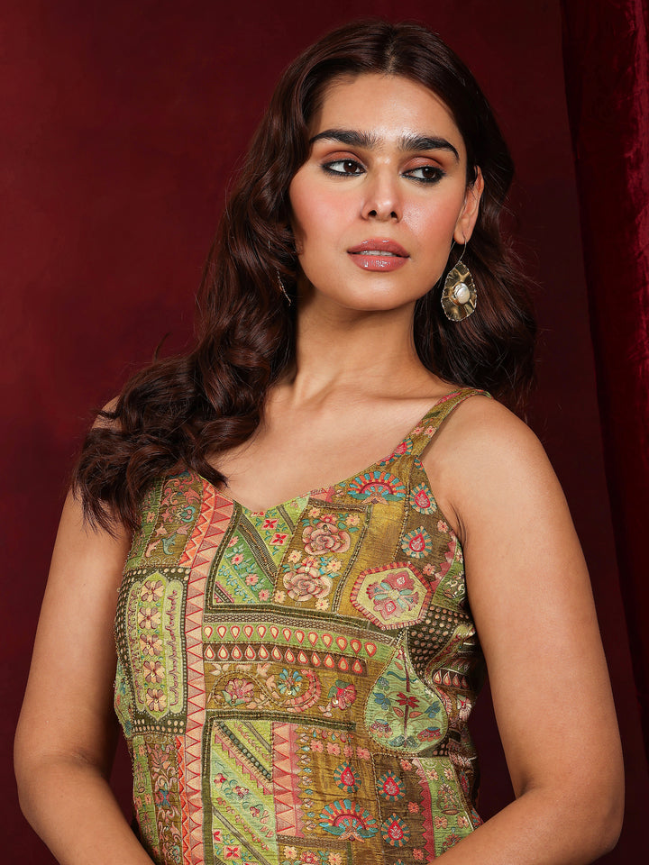 Libas Art Green Woven Design Silk Blend Straight Sharara Suit Set With Dupatta