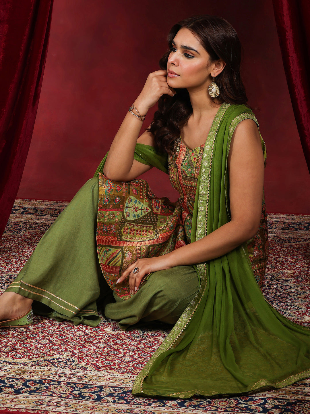 Libas Art Green Woven Design Silk Blend Straight Sharara Suit Set With Dupatta