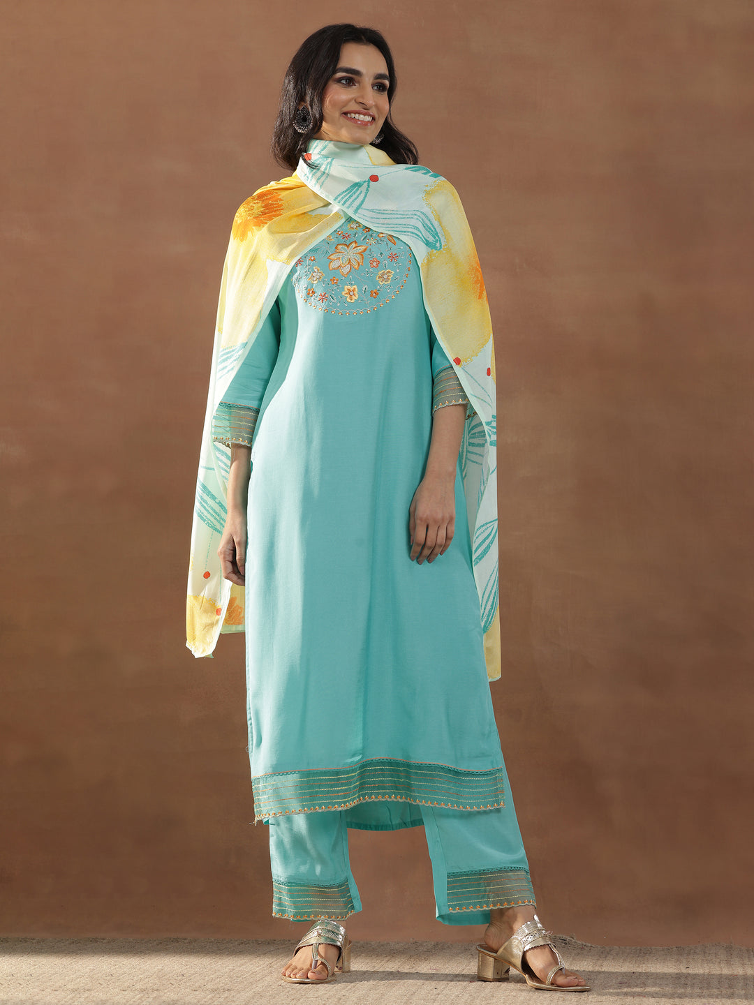 Blue Yoke Design Cotton Blend Straight Suit Set With Dupatta