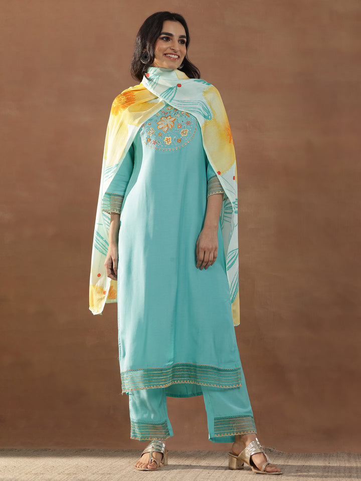 Blue Yoke Design Cotton Blend Straight Suit Set With Dupatta