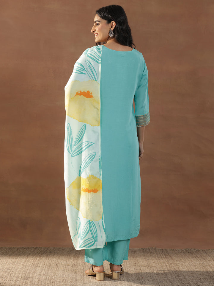 Blue Yoke Design Cotton Blend Straight Suit Set With Dupatta