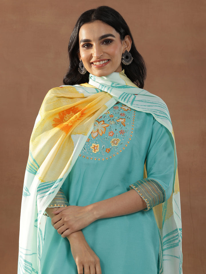 Turquoise Blue Yoke Design Muslin Straight Suit With Dupatta