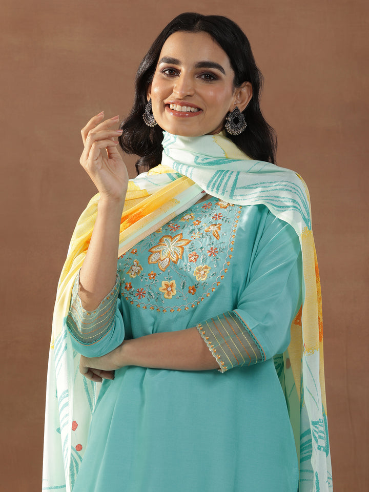 Blue Yoke Design Cotton Blend Straight Suit Set With Dupatta