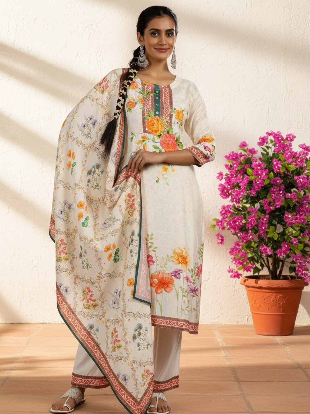 Off White Printed Muslin Straight Suit With Dupatta