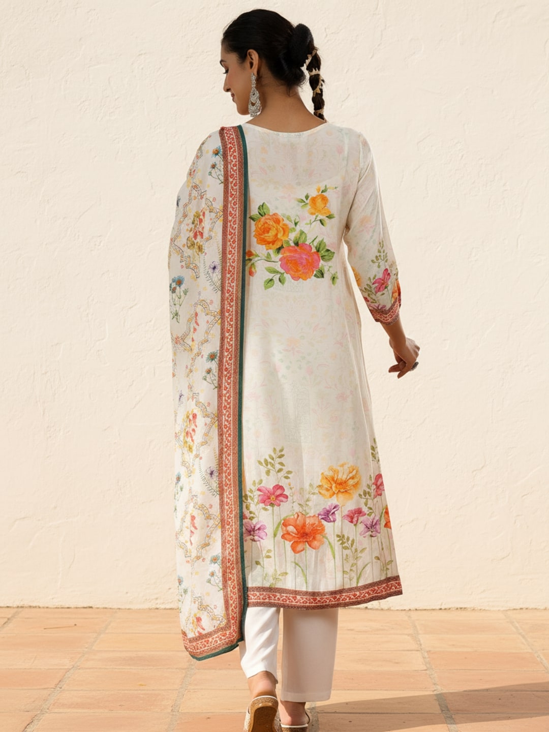 Off White Printed Muslin Straight Suit With Dupatta