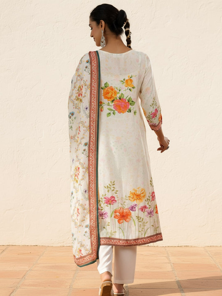 Off White Printed Muslin Straight Suit With Dupatta