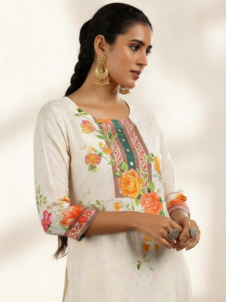 Off White Printed Muslin Straight Suit With Dupatta