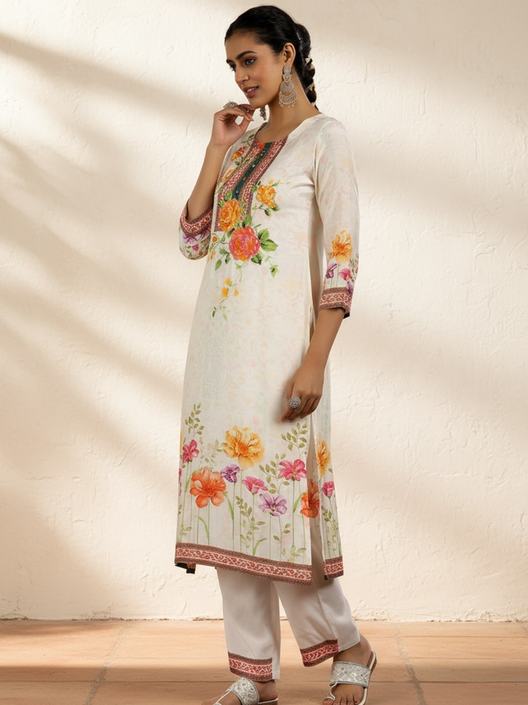 Off White Printed Muslin Straight Suit With Dupatta