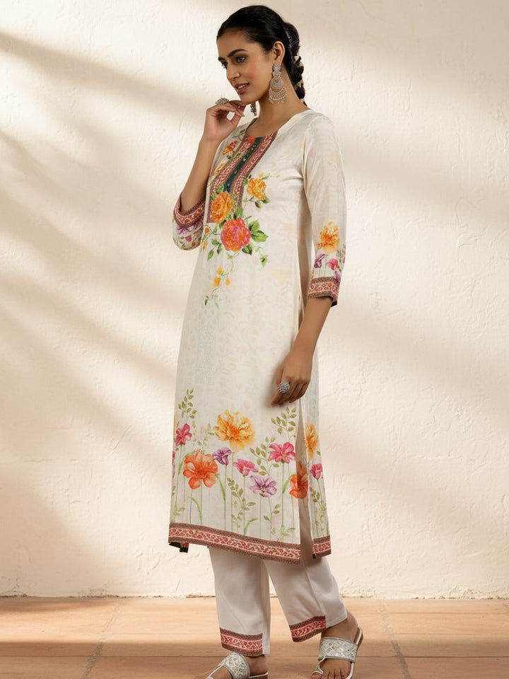 Off White Printed Muslin Straight Suit With Dupatta