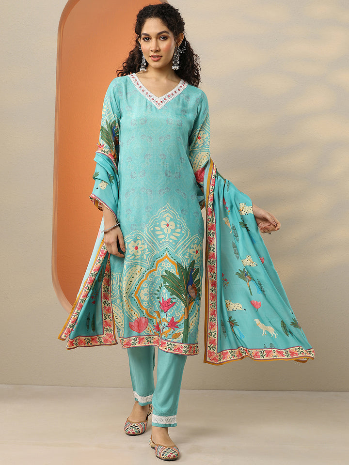 Turquoise Printed Muslin Straight Suit With Dupatta