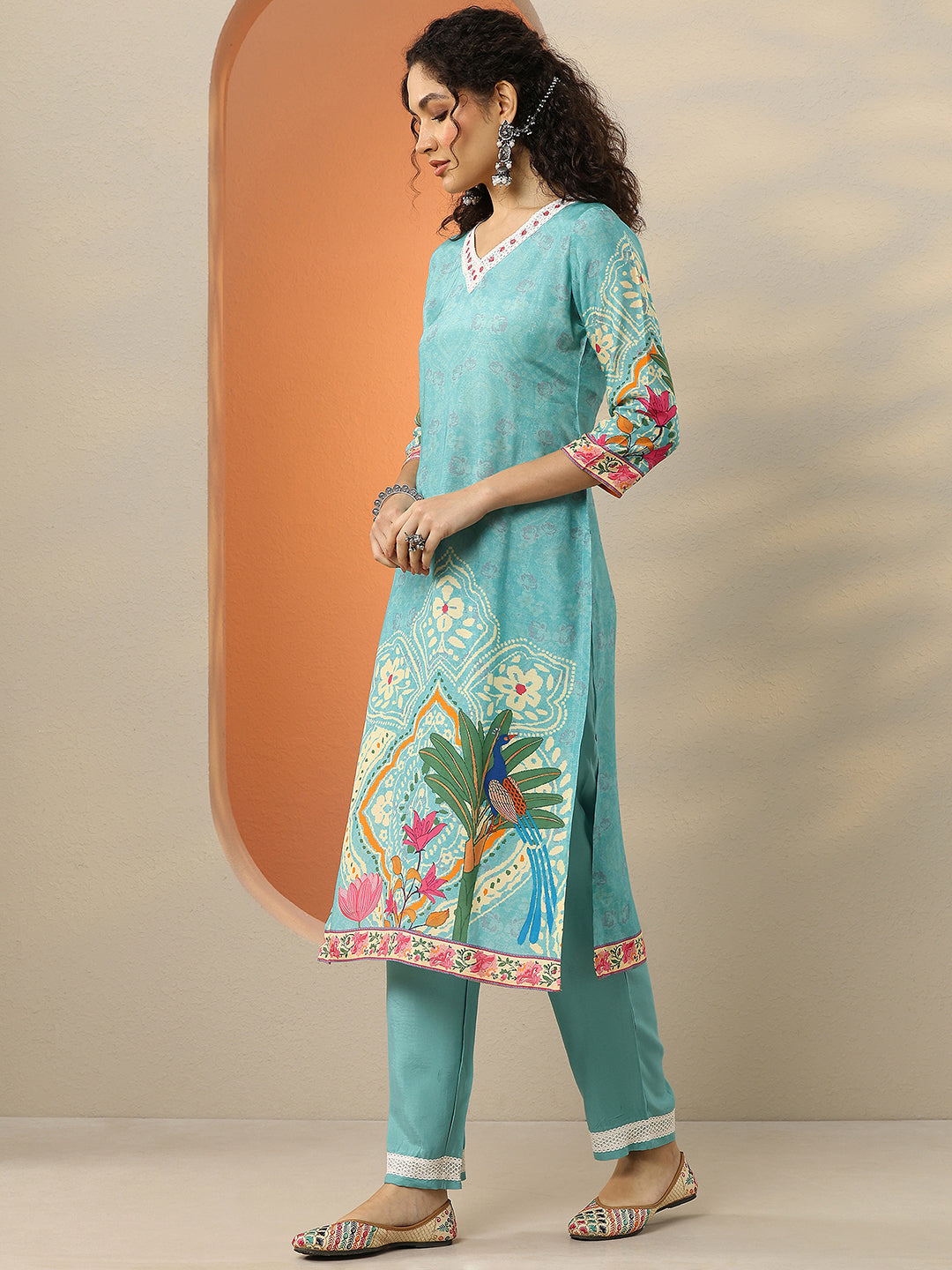 Turquoise Printed Muslin Straight Suit With Dupatta